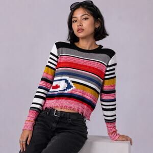 Desigual Women XL Striped Fringe Hem Sweater Artsy Geometric Cropped Pullover